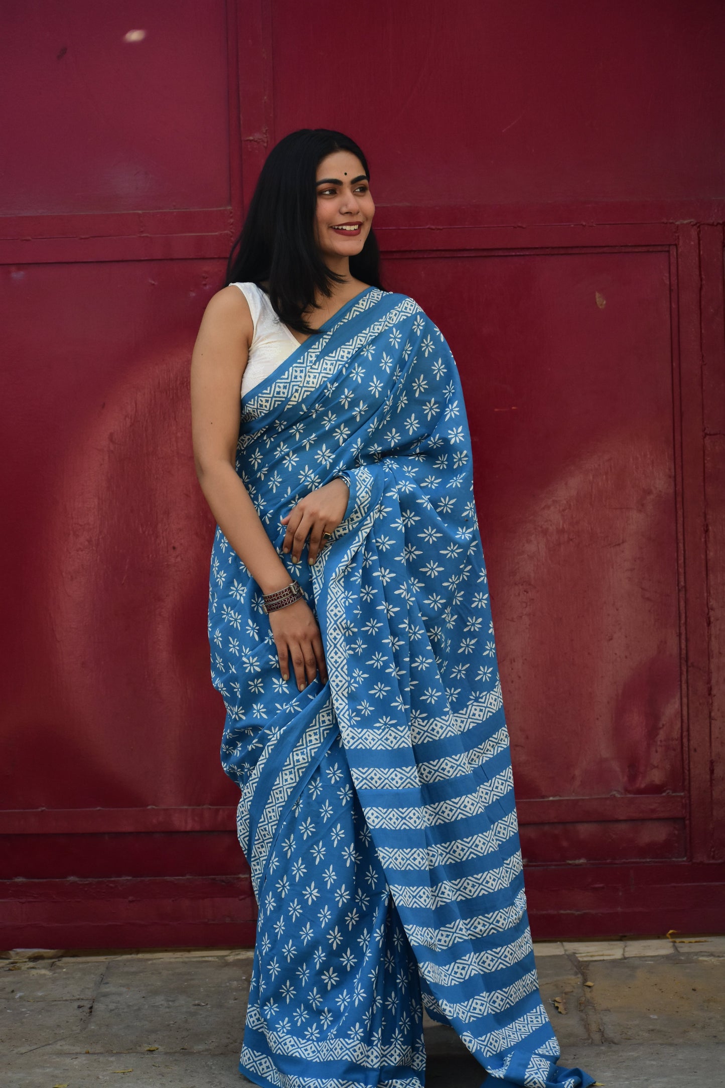 No Rules - Mulmul Cotton Block Printed Blue Saree