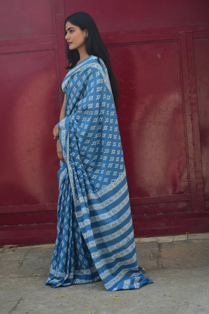 No Rules - Mulmul Cotton Block Printed Blue Saree