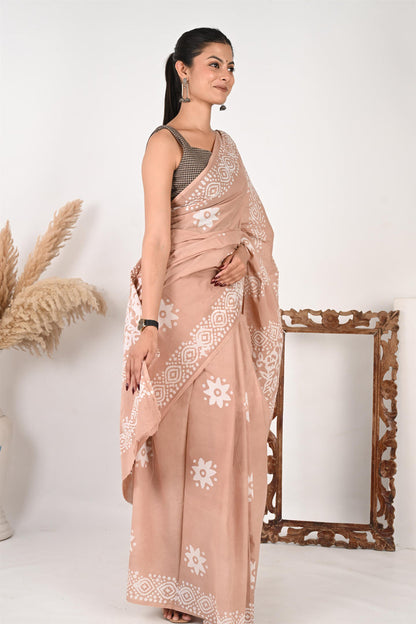 Crucial Conversation - Handblock Print Natural Dyed - Mulmul Cotton Saree