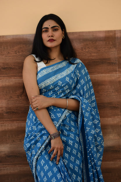 No Rules - Mulmul Cotton Block Printed Blue Saree