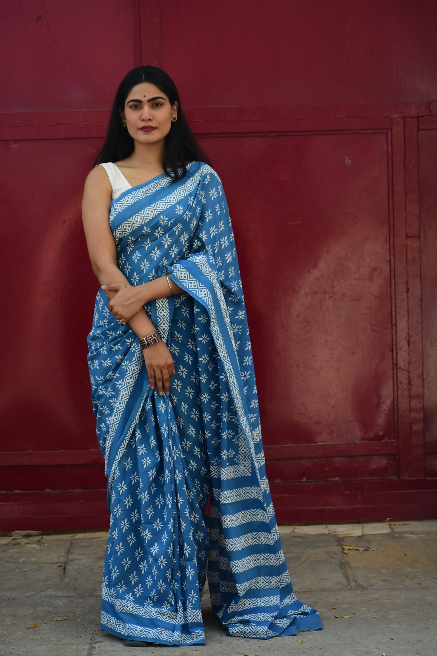 No Rules - Mulmul Cotton Block Printed Blue Saree