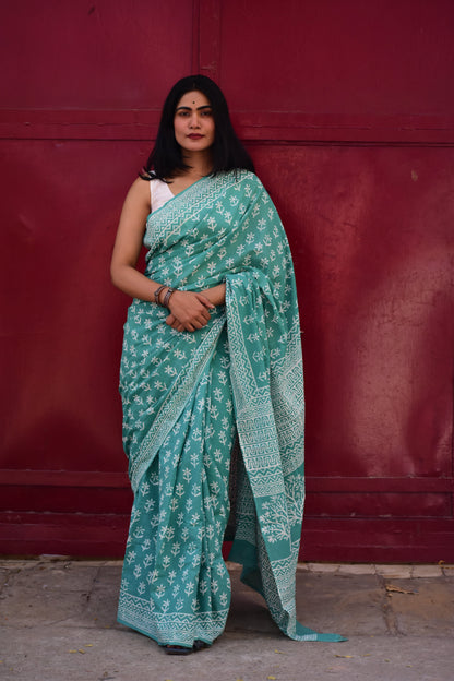 Mint Green Handblock Print Natural Dyed Mulmul Cotton Saree