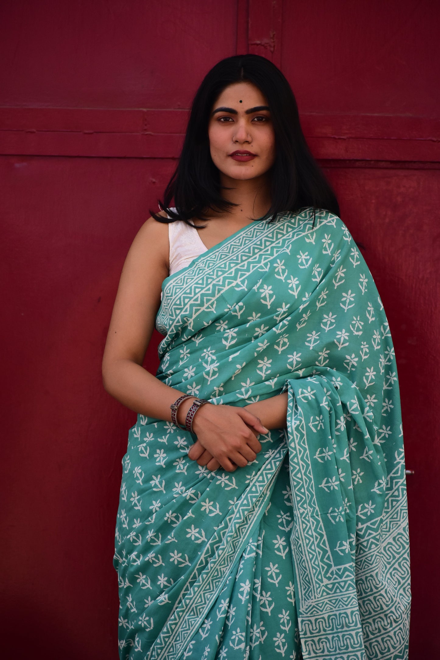 Mint Green Handblock Print Natural Dyed Mulmul Cotton Saree