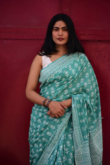 Mint Green Handblock Print Natural Dyed Mulmul Cotton Saree