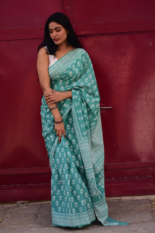 Mint Green Handblock Print Natural Dyed Mulmul Cotton Saree