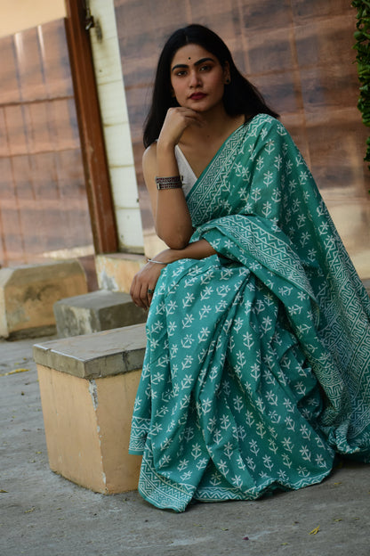 Mint Green Handblock Print Natural Dyed Mulmul Cotton Saree