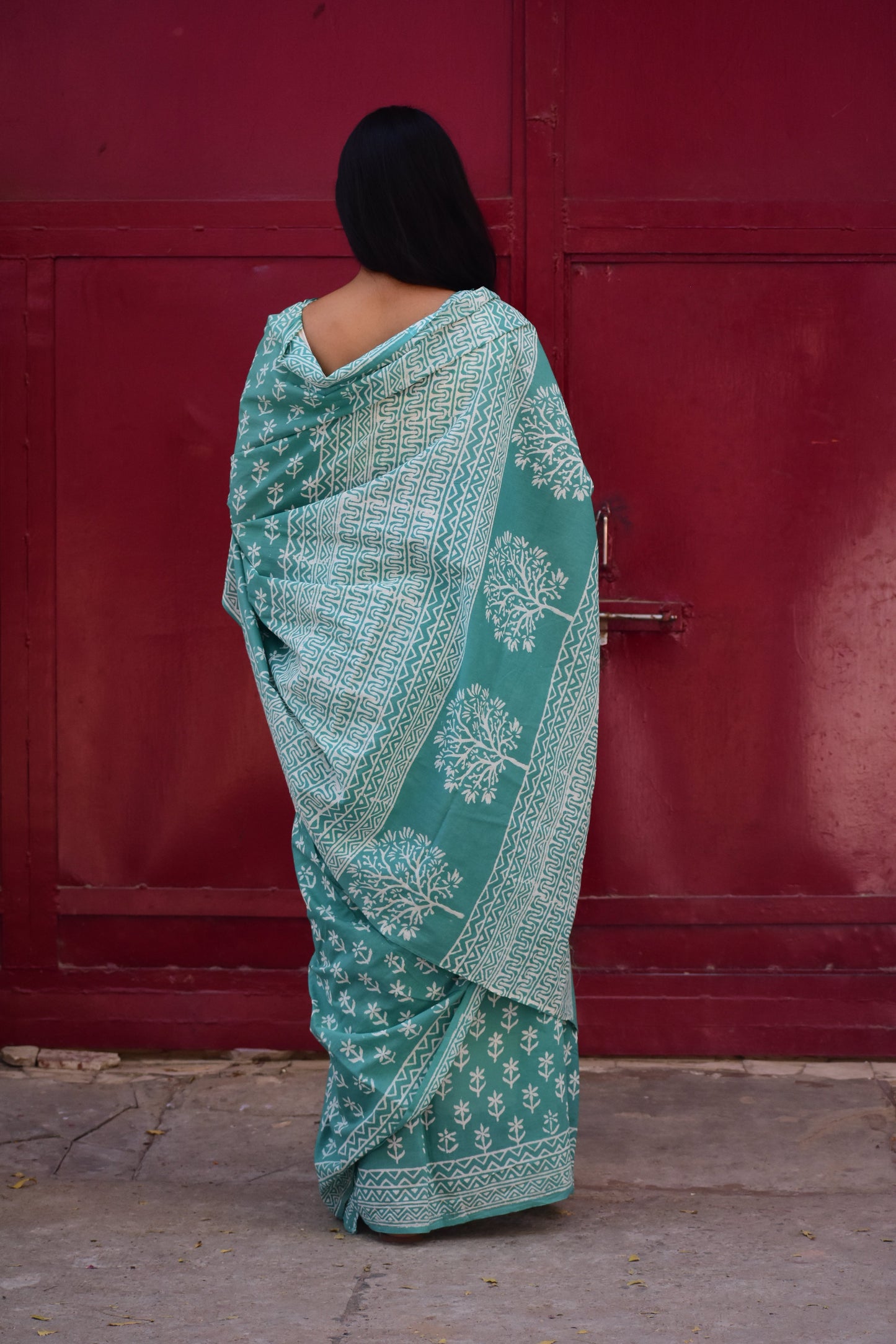 Mint Green Handblock Print Natural Dyed Mulmul Cotton Saree