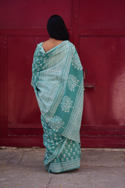 Mint Green Handblock Print Natural Dyed Mulmul Cotton Saree
