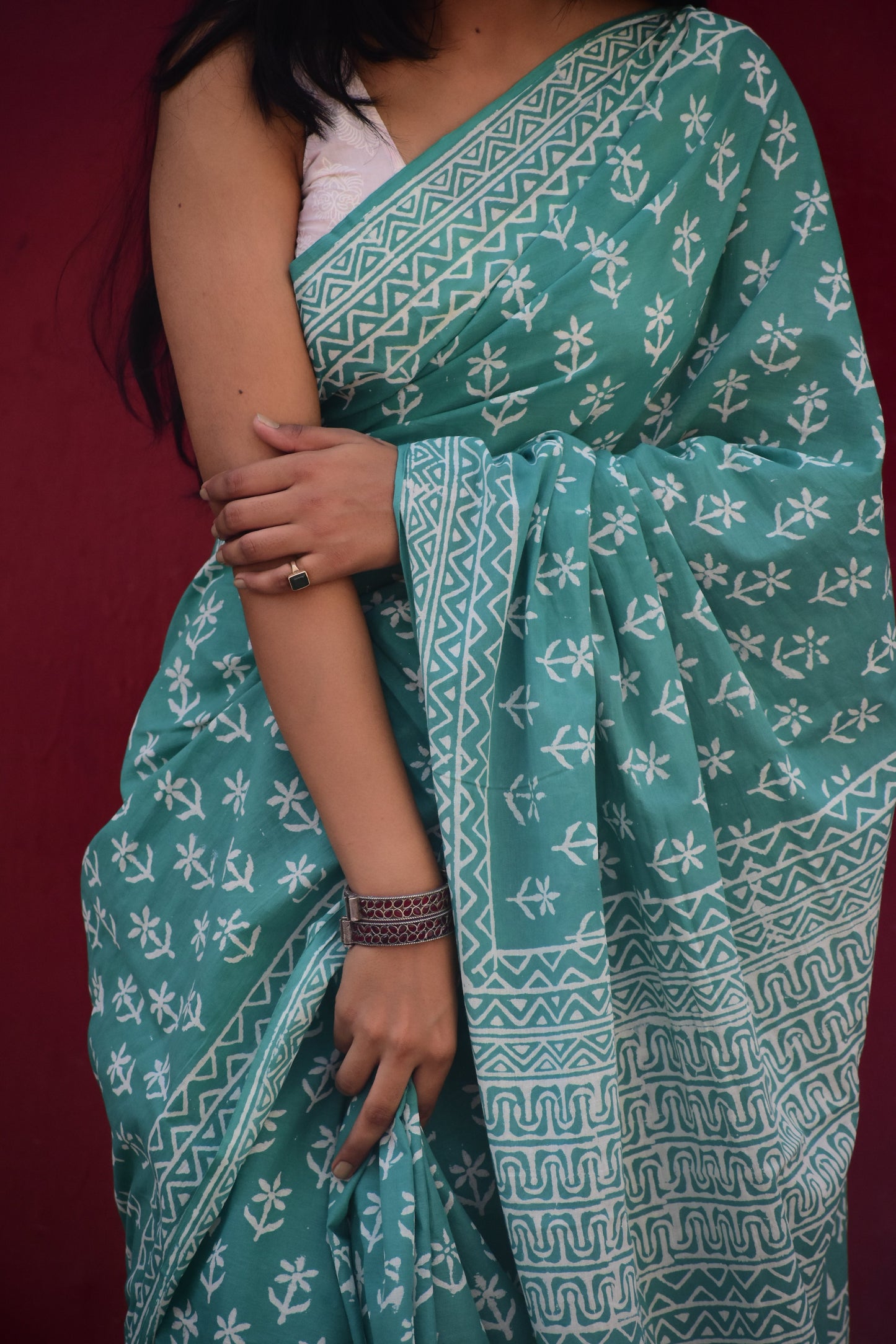 Mint Green Handblock Print Natural Dyed Mulmul Cotton Saree