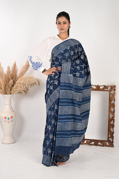 Logged In - Indigo Handblock Print Natural Dyed Mulmul Cotton Saree