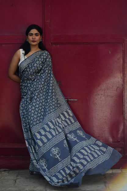 Take-A-Dare - Mulmul Cotton Block Printed Grey Saree