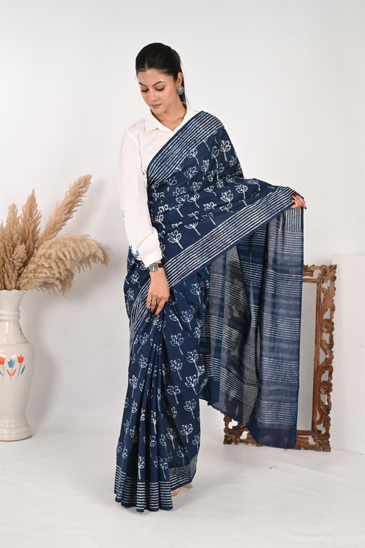 Logged In - Indigo Handblock Print Natural Dyed Mulmul Cotton Saree