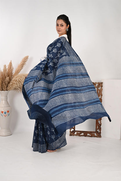 Logged In - Indigo Handblock Print Natural Dyed Mulmul Cotton Saree