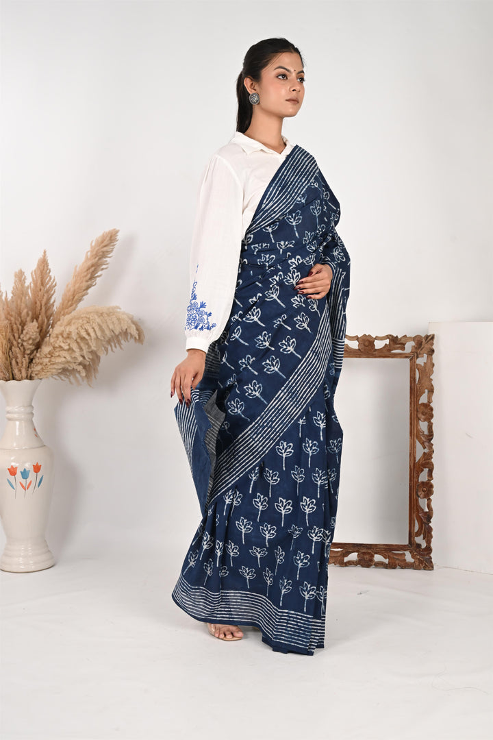 Logged In - Indigo Handblock Print Natural Dyed Mulmul Cotton Saree