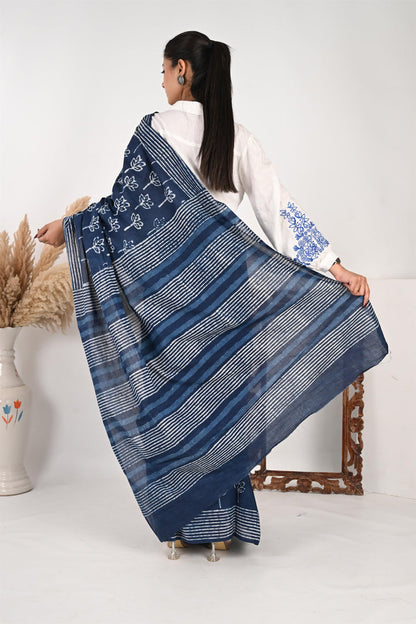 Logged In - Indigo Handblock Print Natural Dyed Mulmul Cotton Saree