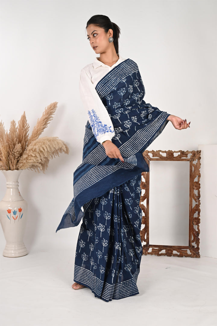 Logged In - Indigo Handblock Print Natural Dyed Mulmul Cotton Saree