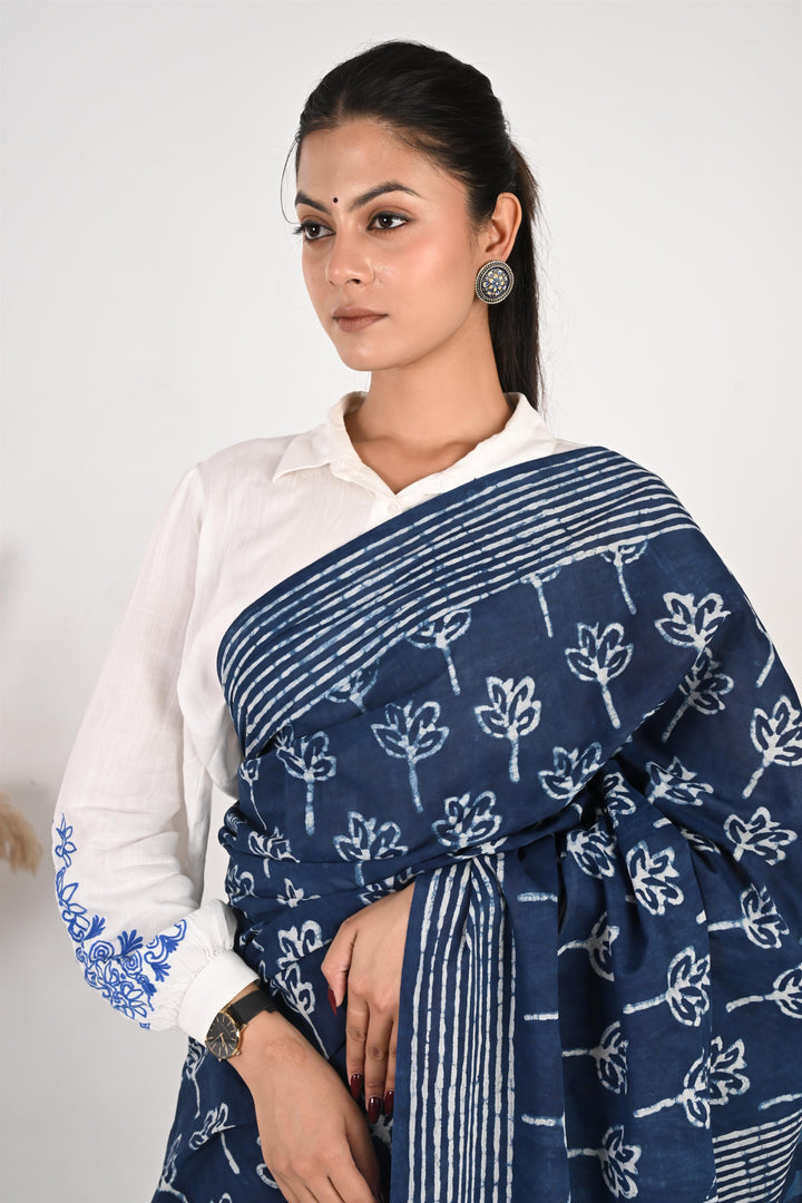 Logged In - Indigo Handblock Print Natural Dyed Mulmul Cotton Saree