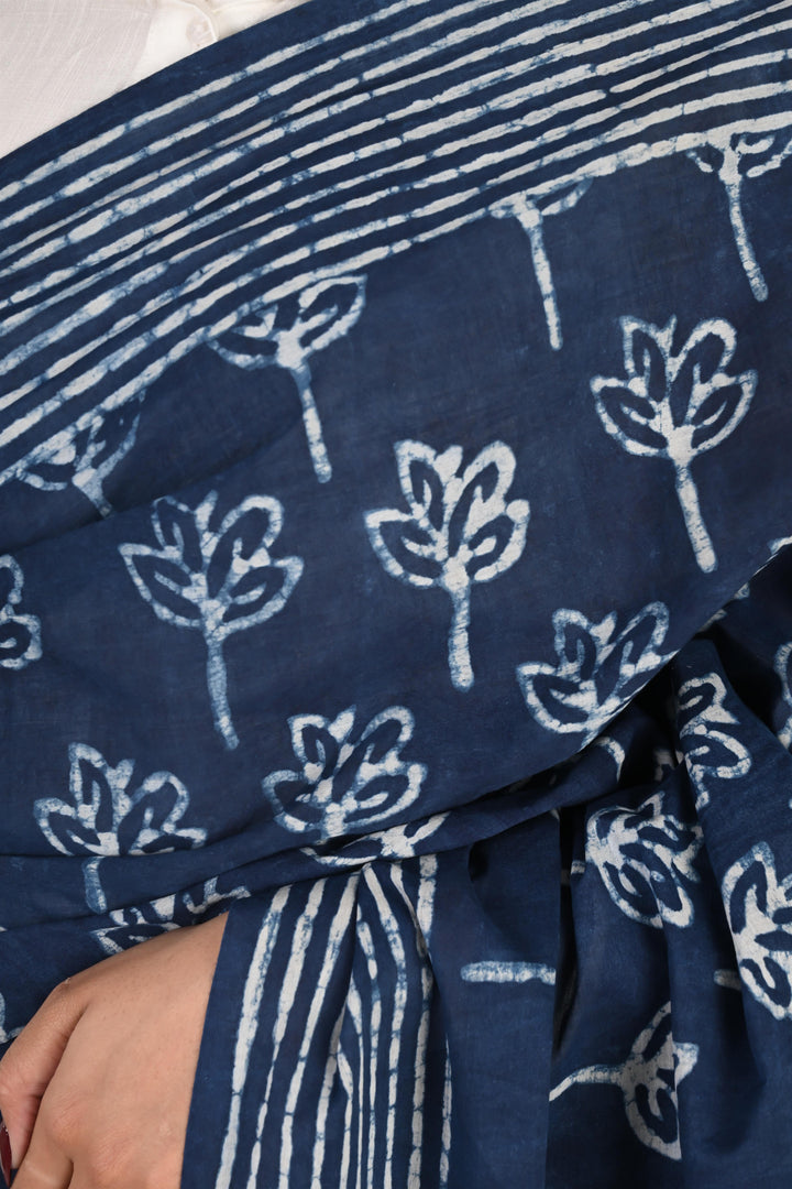 Logged In - Indigo Handblock Print Natural Dyed Mulmul Cotton Saree