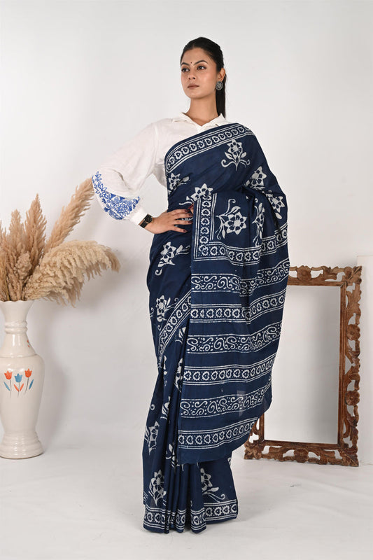 Blue Reply - Handblock Print Natural Dyed Mulmul Cotton Saree