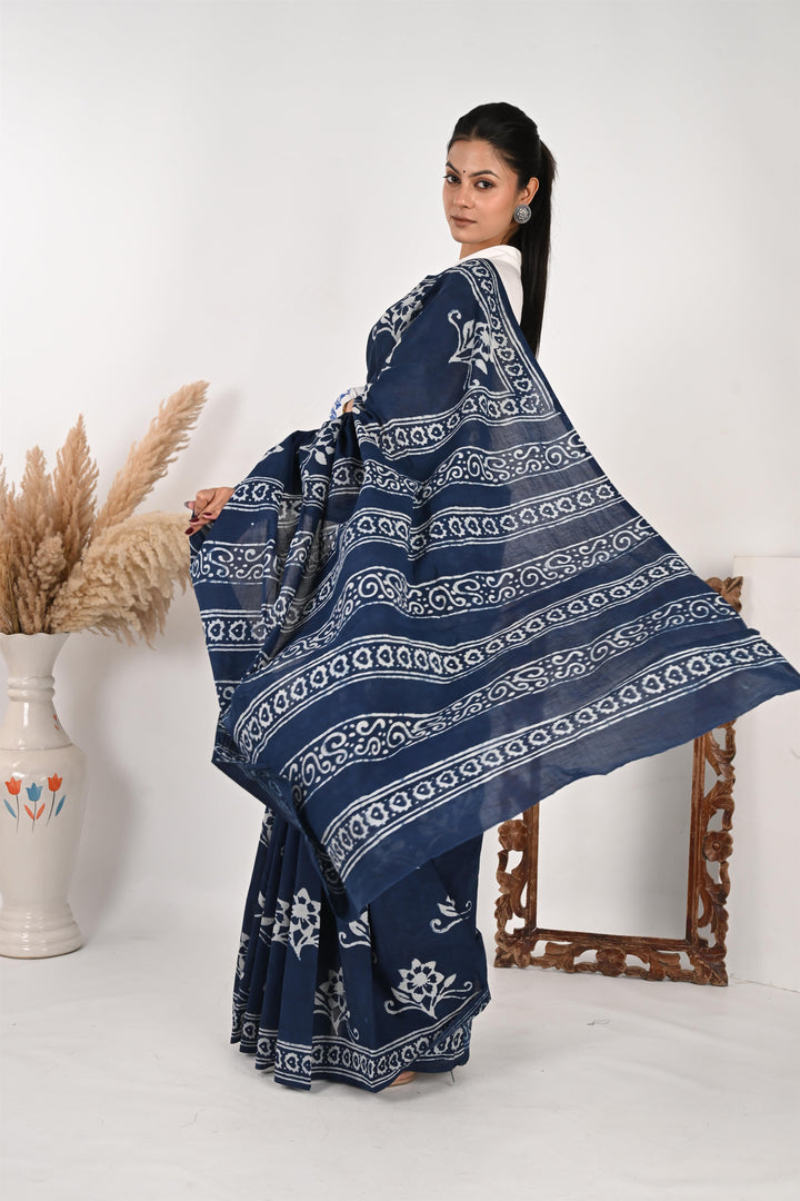 Blue Reply - Handblock Print Natural Dyed Mulmul Cotton Saree