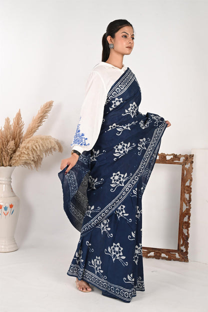 Blue Reply - Handblock Print Natural Dyed Mulmul Cotton Saree