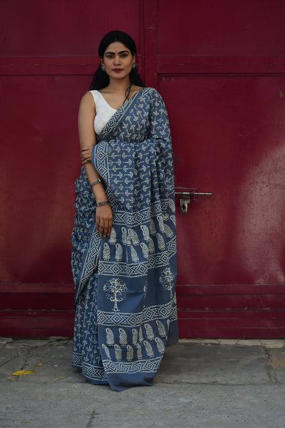 Take-A-Dare - Mulmul Cotton Block Printed Grey Saree
