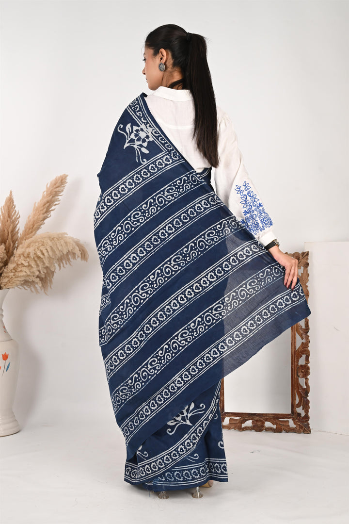 Blue Reply - Handblock Print Natural Dyed Mulmul Cotton Saree