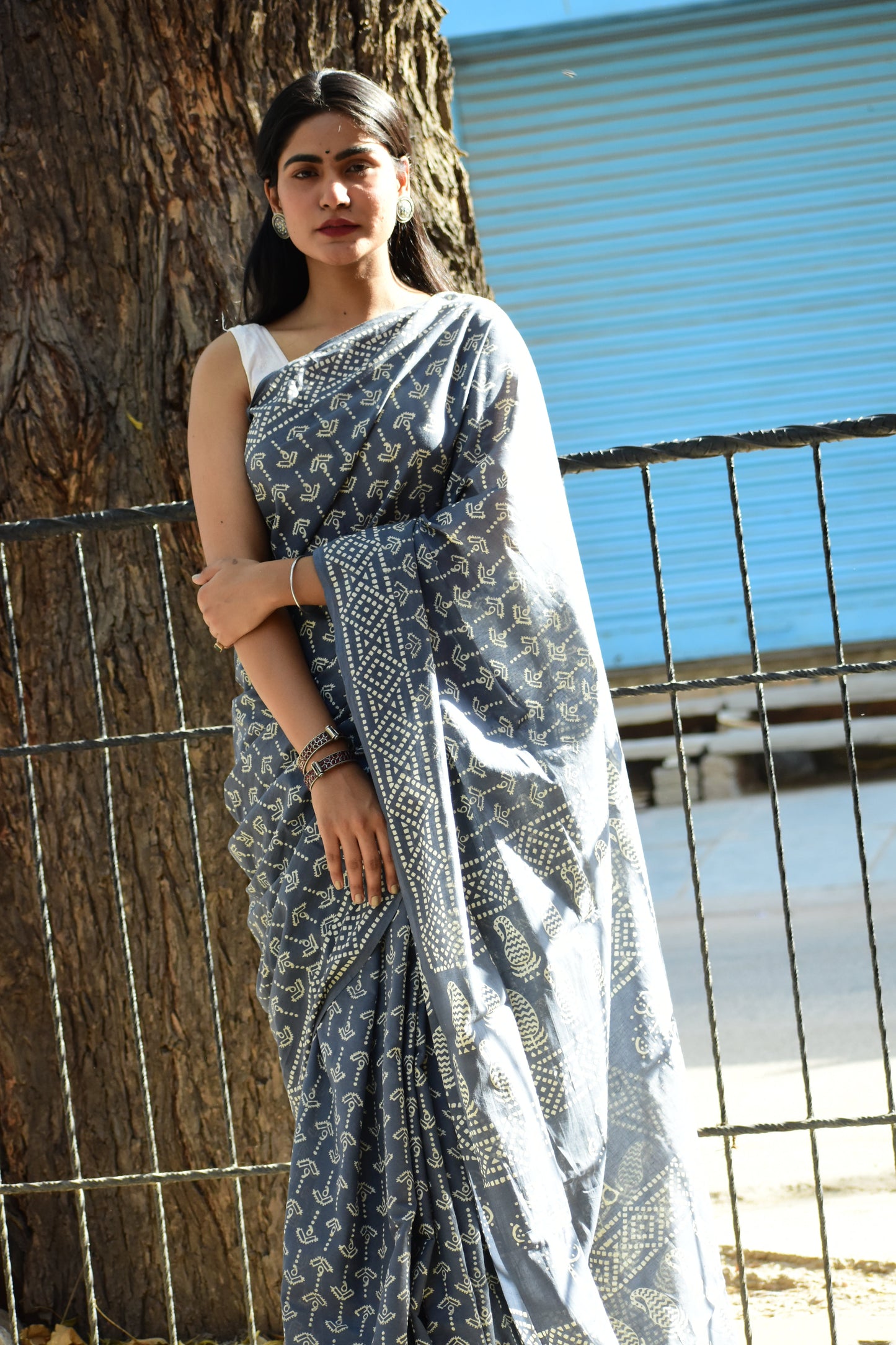 Take-A-Dare - Mulmul Cotton Block Printed Grey Saree
