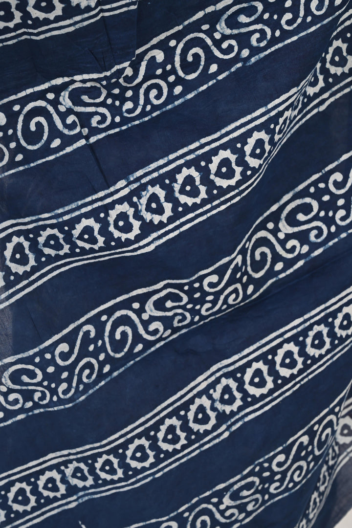 Blue Reply - Handblock Print Natural Dyed Mulmul Cotton Saree