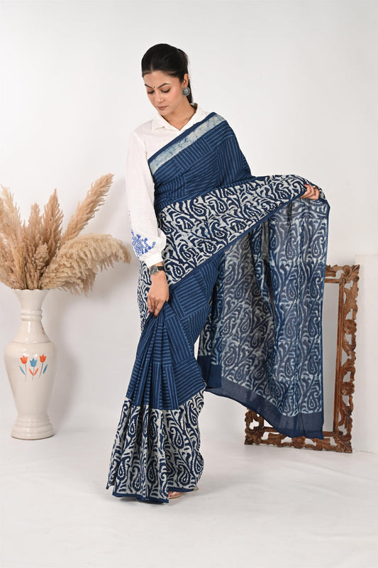 Workflow Wonder - Indigo Mulmul Handblock Saree