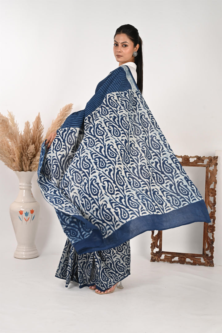 Workflow Wonder - Indigo Mulmul Handblock Saree