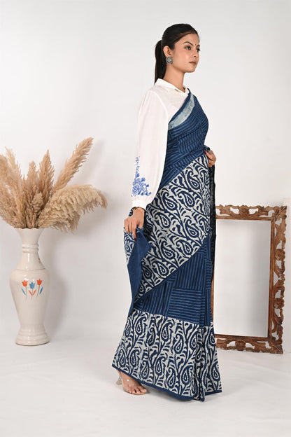 Workflow Wonder - Indigo Mulmul Handblock Saree