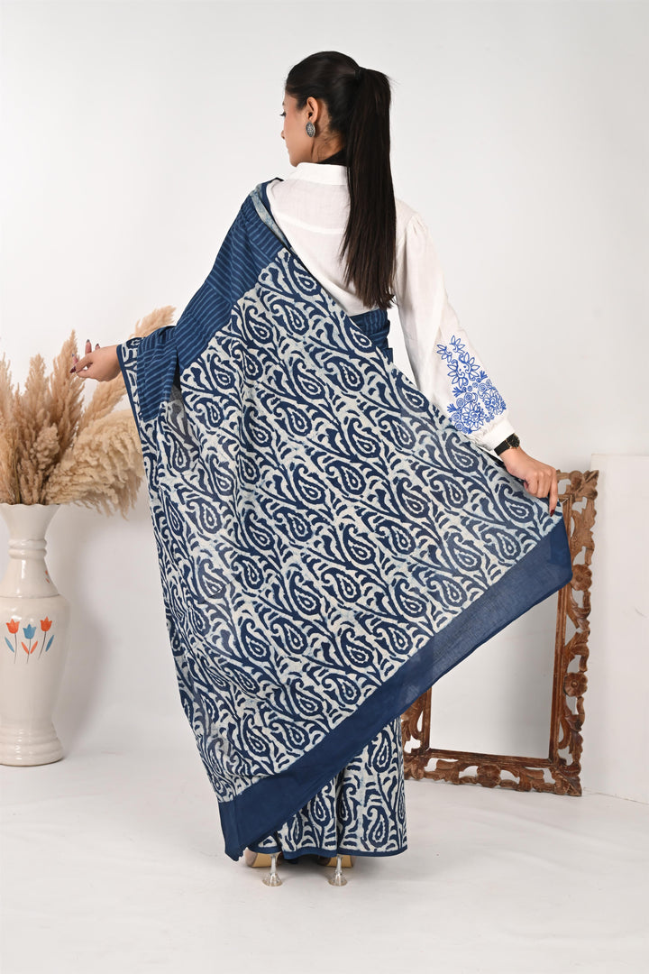 Workflow Wonder - Indigo Mulmul Handblock Saree