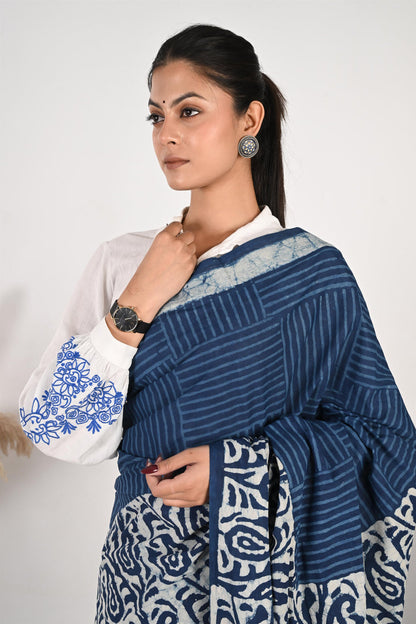 Workflow Wonder - Indigo Mulmul Handblock Saree
