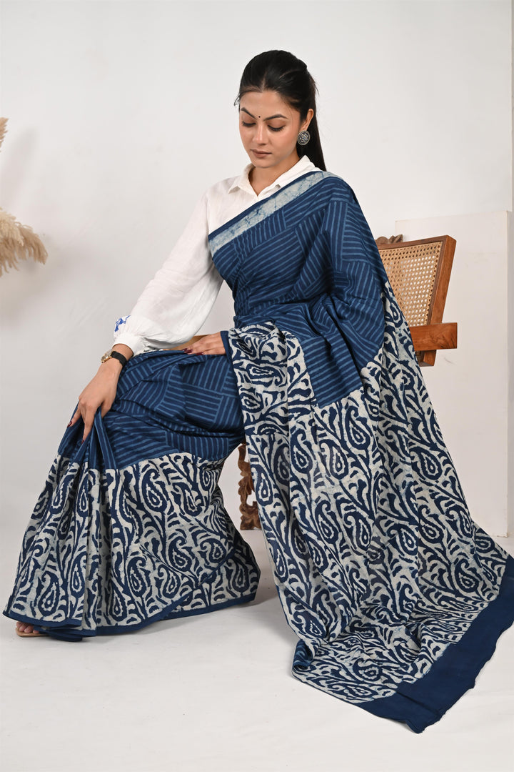 Workflow Wonder - Indigo Mulmul Handblock Saree
