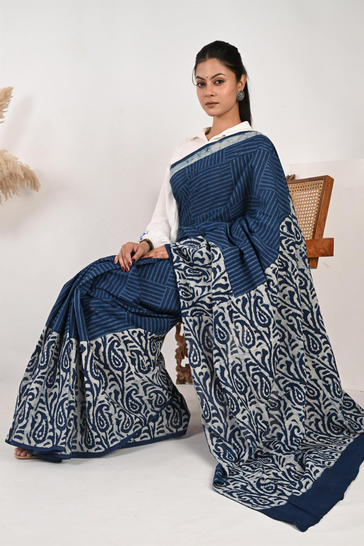 Workflow Wonder - Indigo Mulmul Handblock Saree
