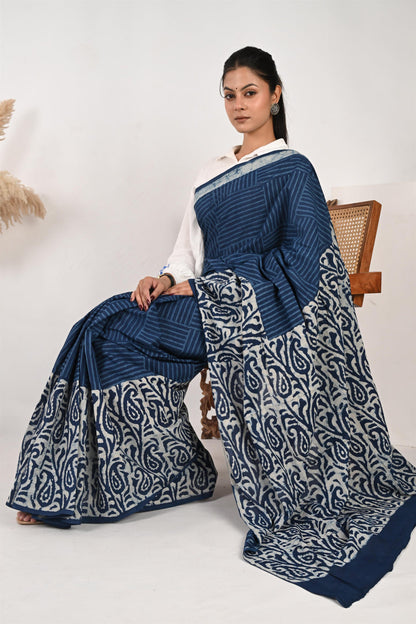 Workflow Wonder - Indigo Mulmul Handblock Saree
