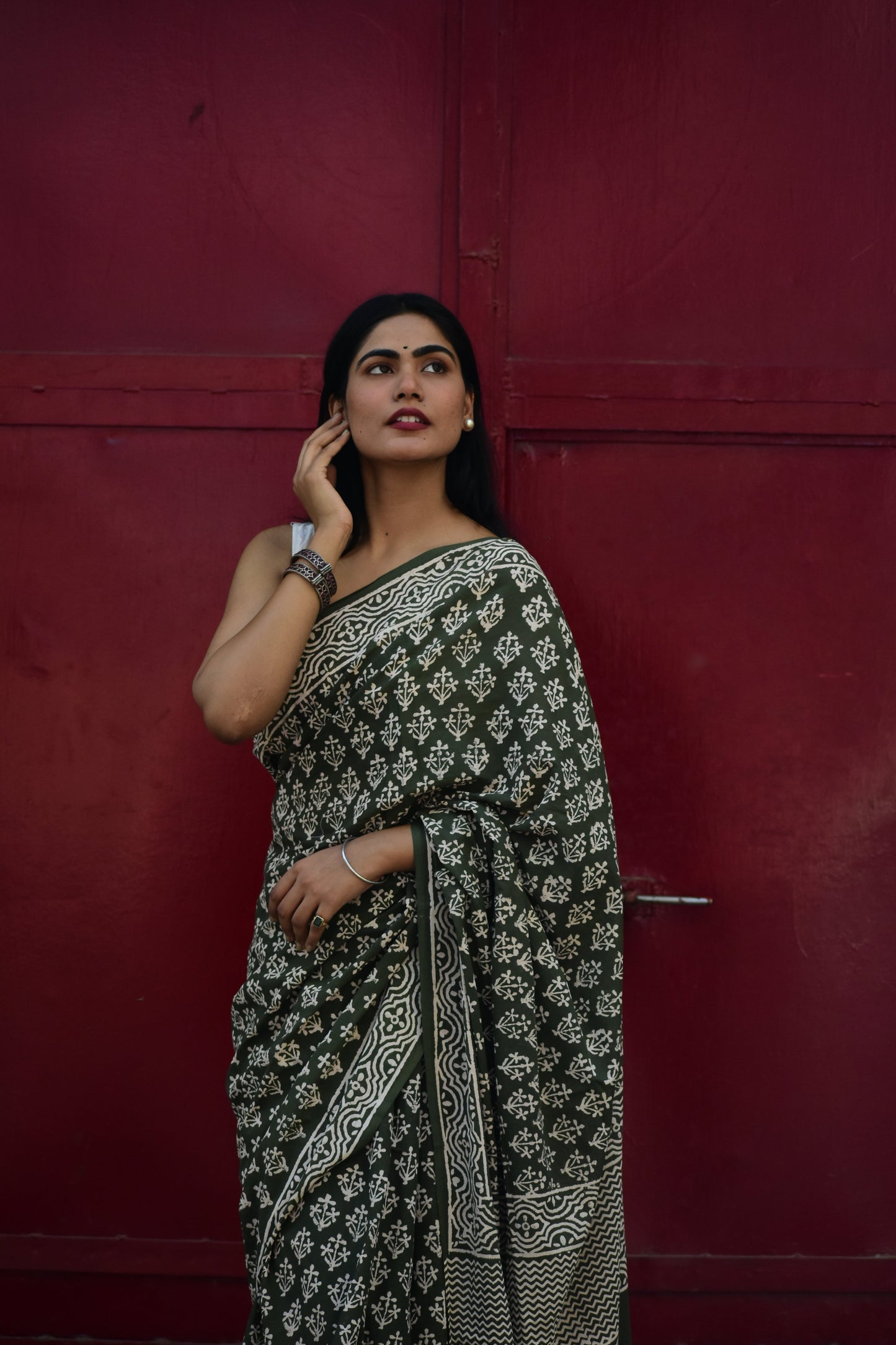 Moody Mama - Mulmul Cotton Block Printed Green Saree