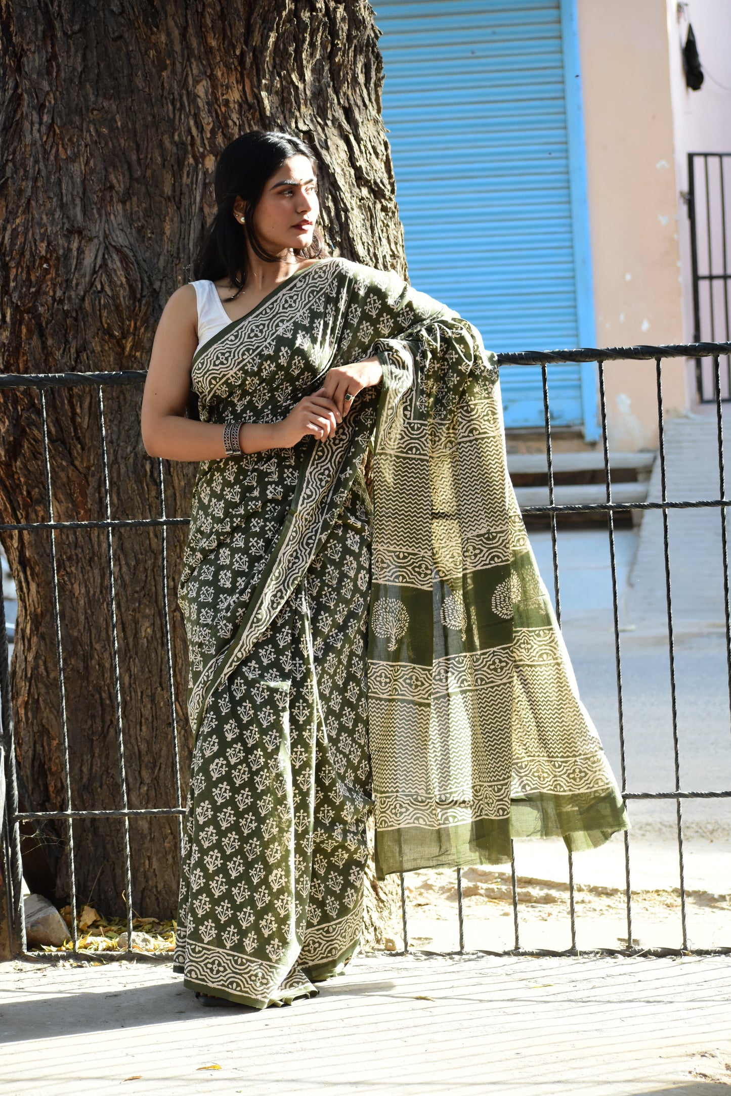 Moody Mama - Mulmul Cotton Block Printed Green Saree
