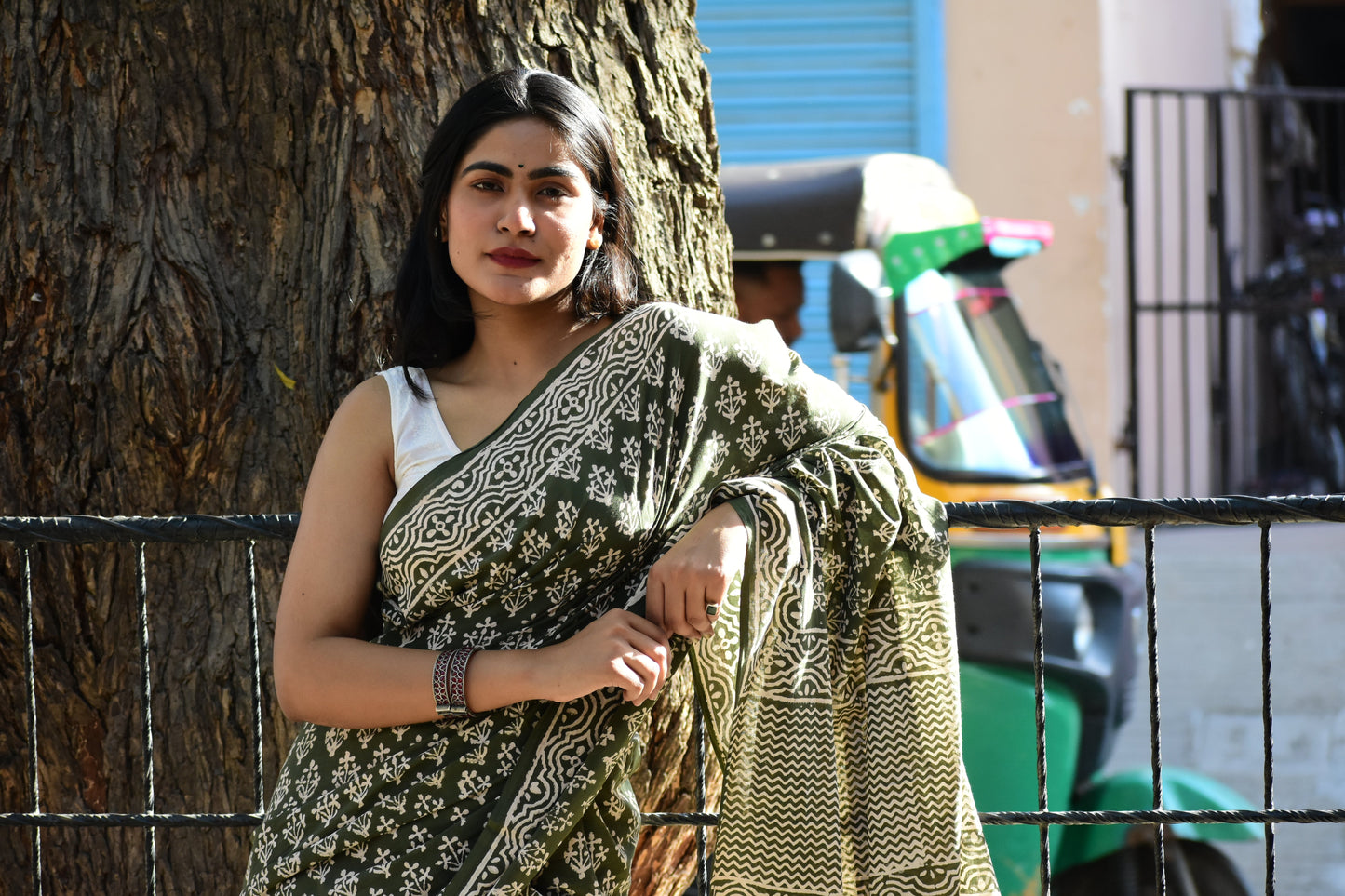 Moody Mama - Mulmul Cotton Block Printed Green Saree