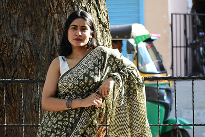Moody Mama - Mulmul Cotton Block Printed Green Saree