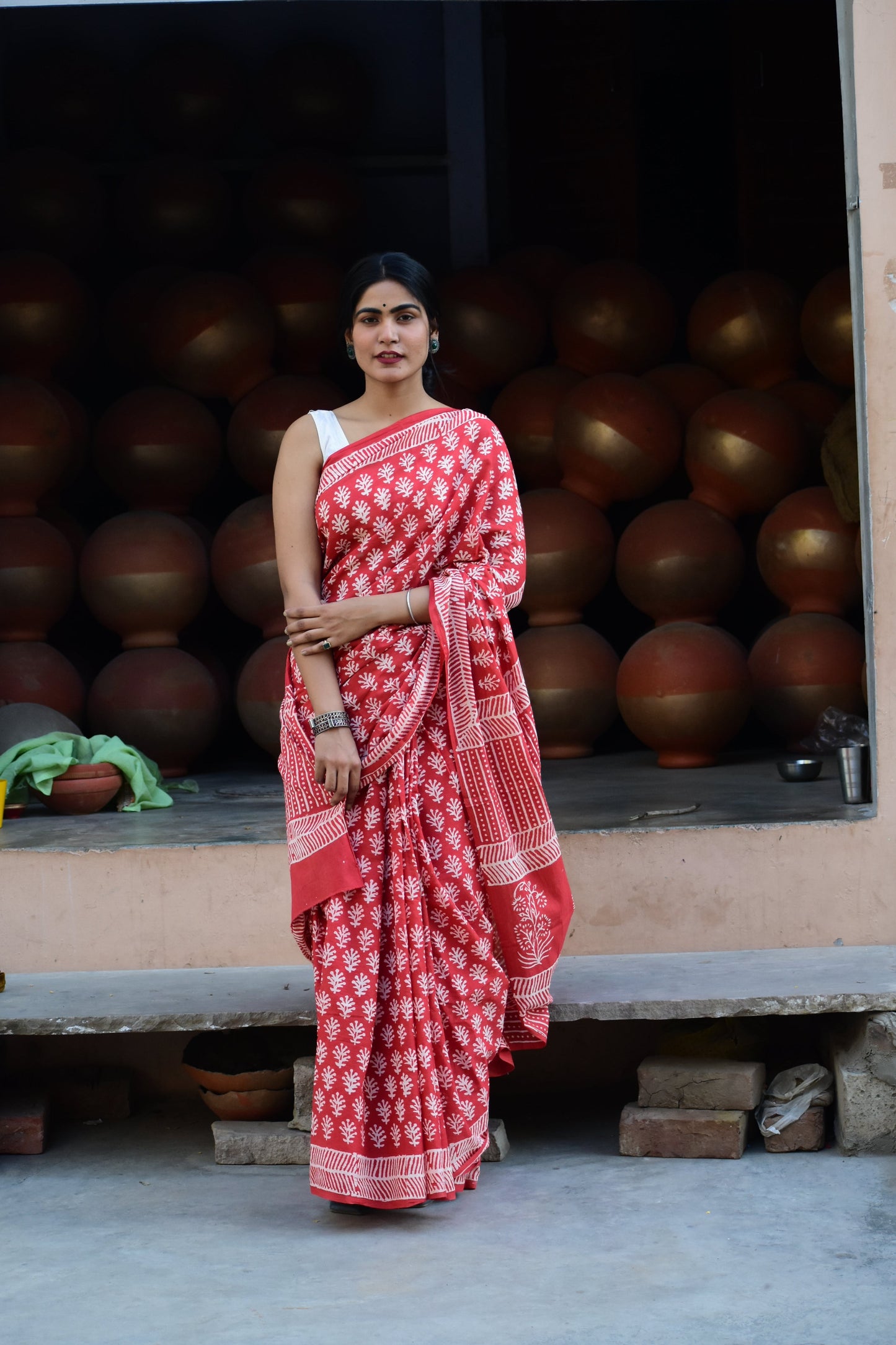 Eye-Candy  - Mulmul Cotton Block Printed Red Saree
