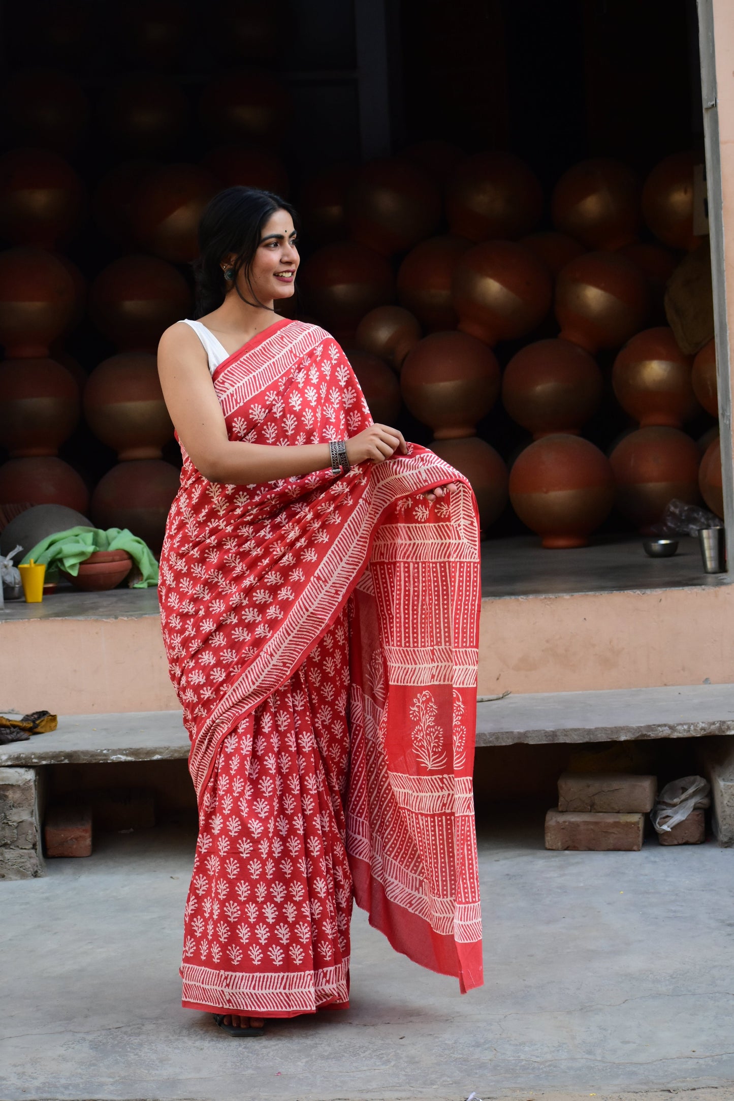 Eye-Candy  - Mulmul Cotton Block Printed Red Saree