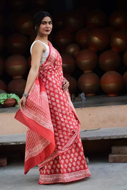 Eye-Candy  - Mulmul Cotton Block Printed Red Saree