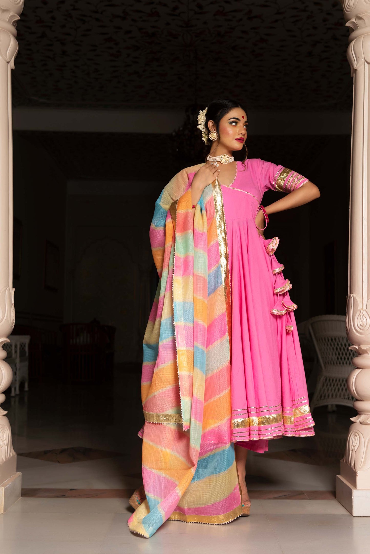 Jarokha Rose Pink Cotton Angrakha Set