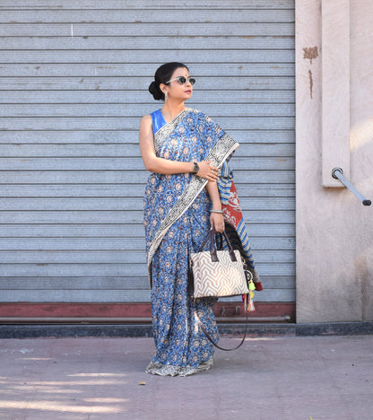Shaam Mastani - A Symphony of Twilight Elegance - Handblock Print Natural Dyed - Mulmul Cotton Saree