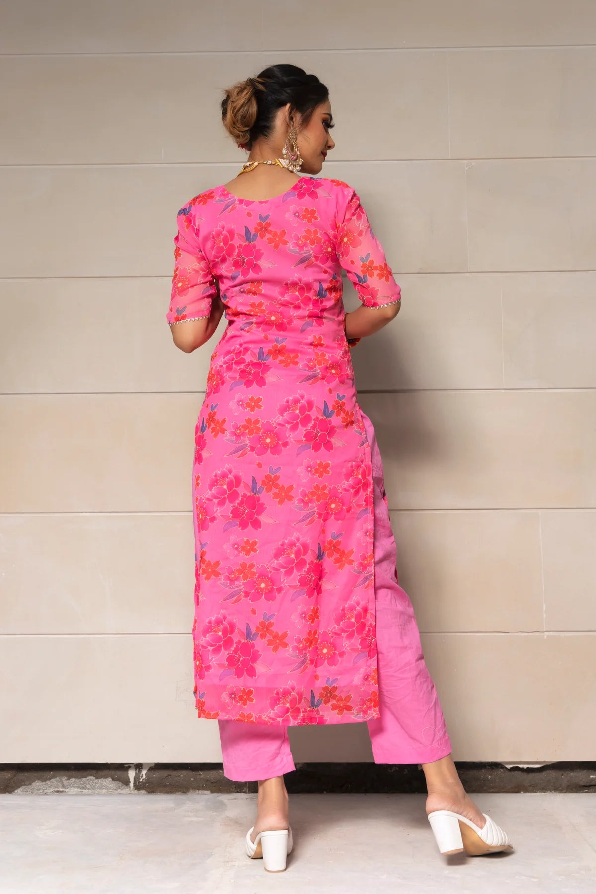 Jarokha Cosmos Pink Chinnon Chiffon Suit set