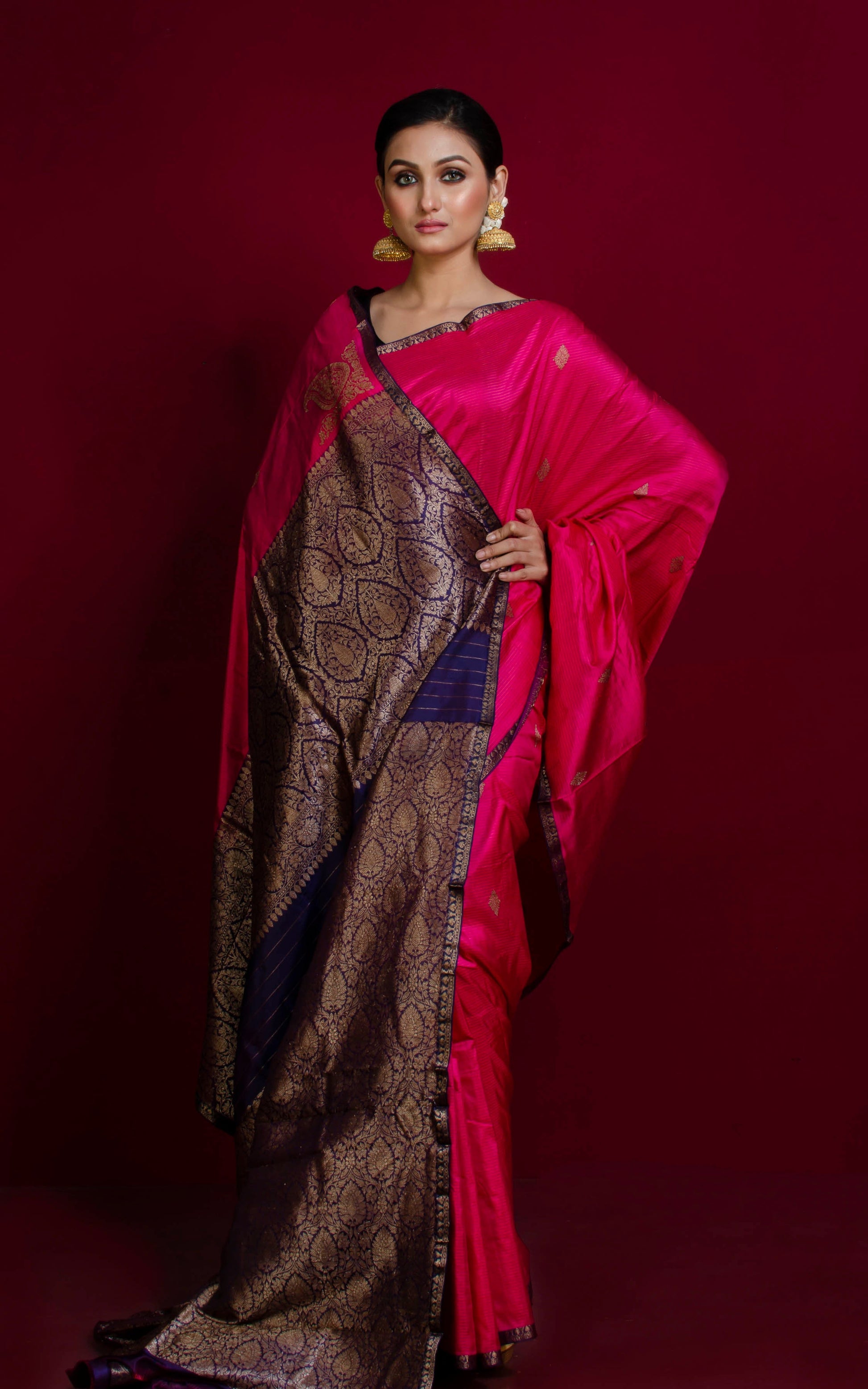 Woven Thread Nakshi Work Koniya Motif Pure Katan Banarasi Silk Saree in Deep Pink, Dark Blue and Antique Gold