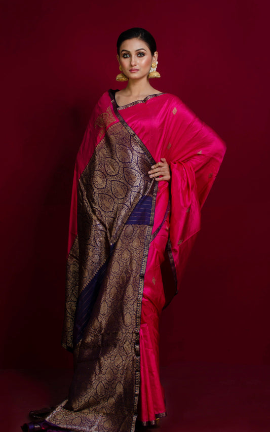 Woven Thread Nakshi Work Koniya Motif Pure Katan Banarasi Silk Saree in Deep Pink, Dark Blue and Antique Gold