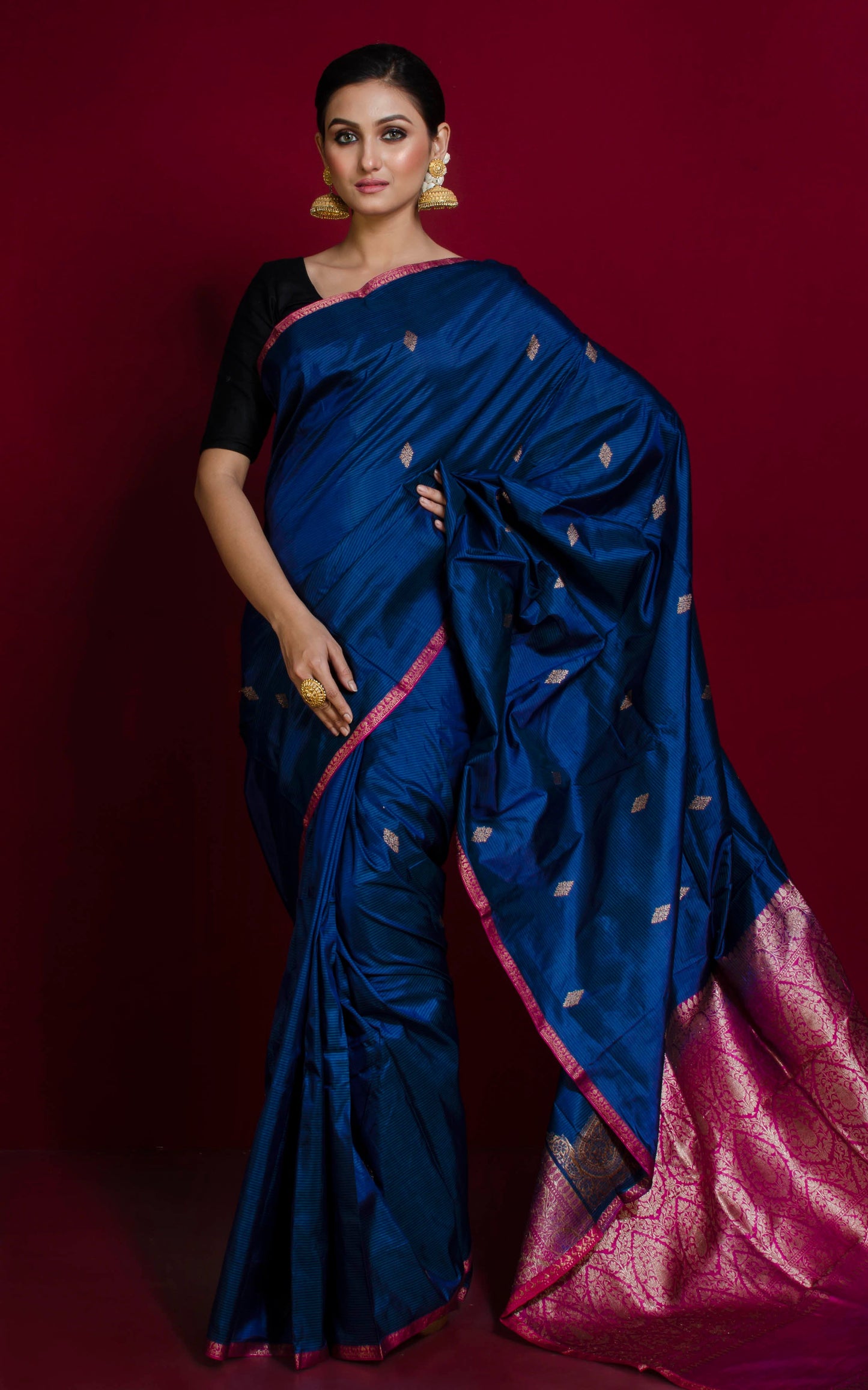 Woven Thread Nakshi Work Koniya Motif Pure Katan Banarasi Silk Saree in Aegean Blue, Magenta and Antique Gold